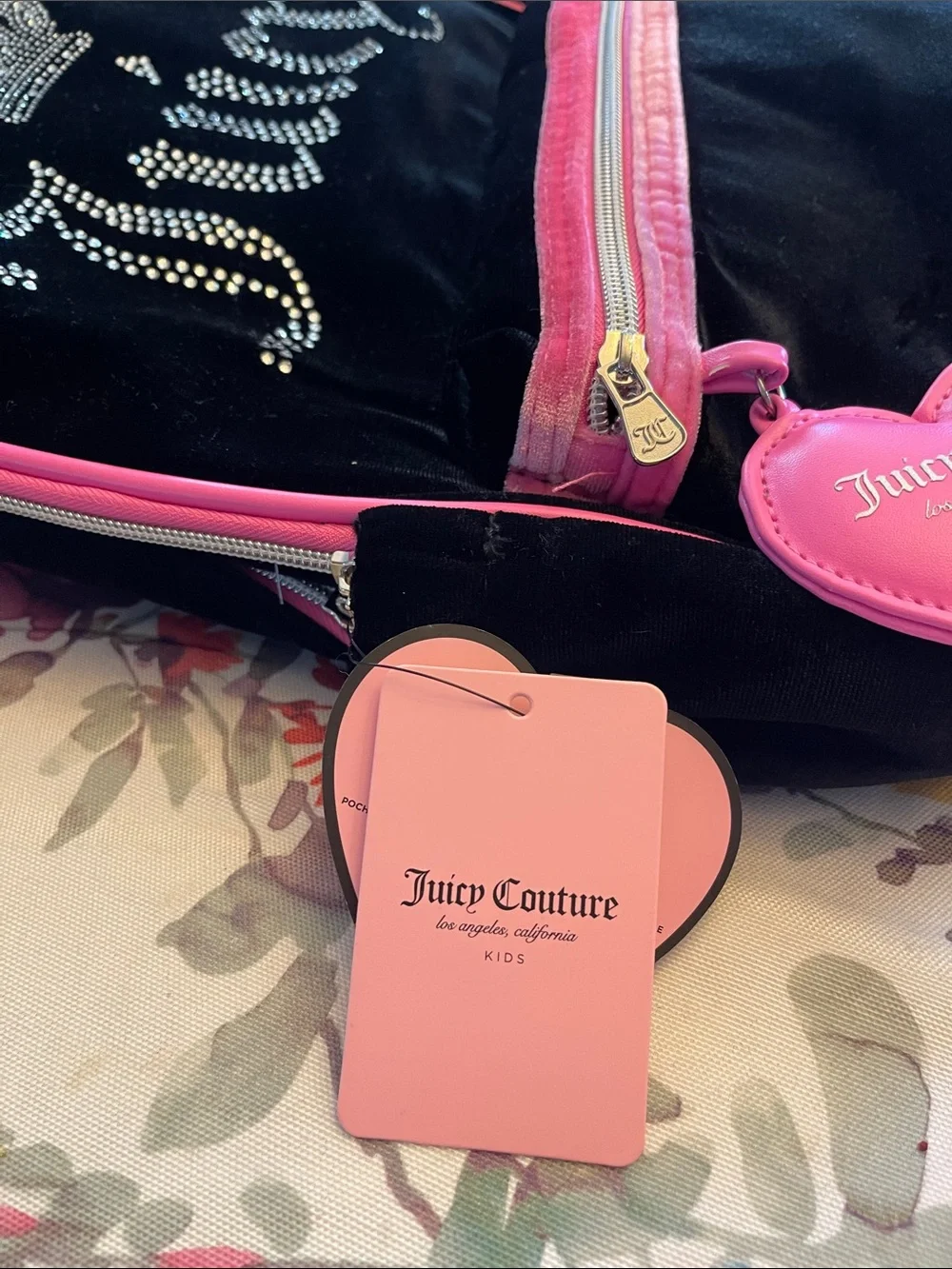 Juicy Couture Black Velvet Kids Backpack with Pink Trim and Rhinestones